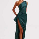 Elegante One Shoulder Maxi Jurk met Split en Gedrapeerd Design