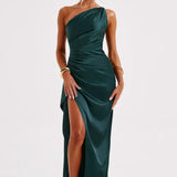 Elegante One Shoulder Maxi Jurk met Split en Gedrapeerd Design
