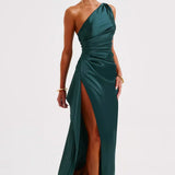 Elegante One Shoulder Maxi Jurk met Split en Gedrapeerd Design
