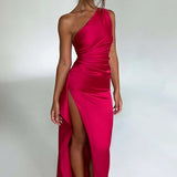 Elegante One Shoulder Maxi Jurk met Split en Gedrapeerd Design