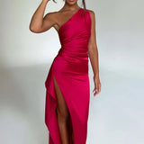 Elegante One Shoulder Maxi Jurk met Split en Gedrapeerd Design