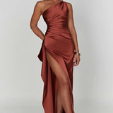 Elegante One Shoulder Maxi Jurk met Split en Gedrapeerd Design