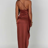 Elegante One Shoulder Maxi Jurk met Split en Gedrapeerd Design