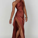Elegante One Shoulder Maxi Jurk met Split en Gedrapeerd Design
