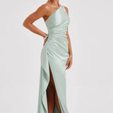 Elegante One Shoulder Maxi Jurk met Split en Gedrapeerd Design