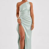 Elegante One Shoulder Maxi Jurk met Split en Gedrapeerd Design
