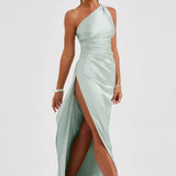 Elegante One Shoulder Maxi Jurk met Split en Gedrapeerd Design