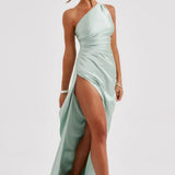 Elegante One Shoulder Maxi Jurk met Split en Gedrapeerd Design