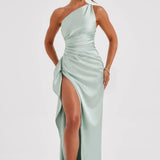 Elegante One Shoulder Maxi Jurk met Split en Gedrapeerd Design
