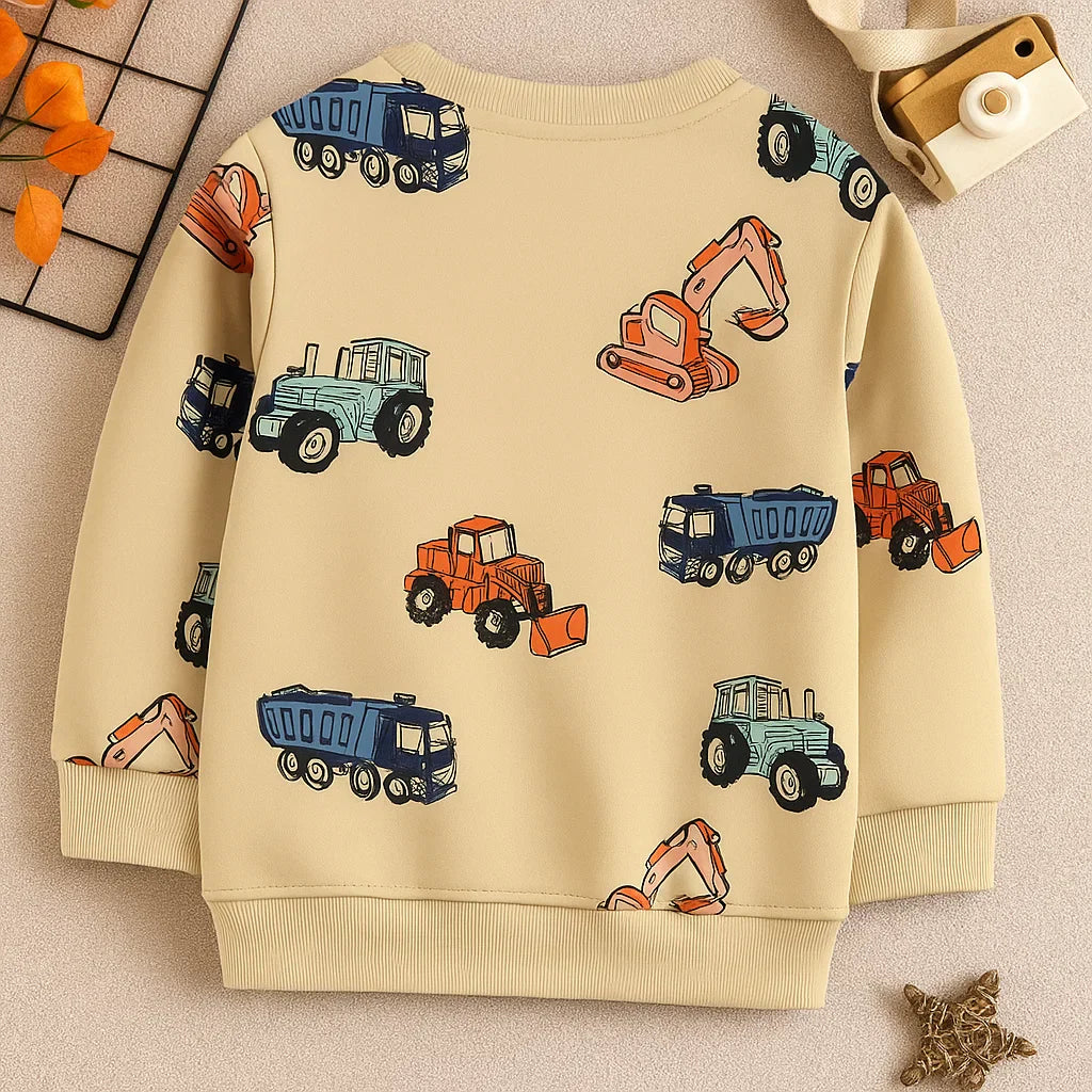 MiniBuilder sweater voor kinderen met bouwvoertuigen print, gemaakt van zachte en comfortabele stof – ideale trui voor dagelijks gebruik en speelse avonturen.