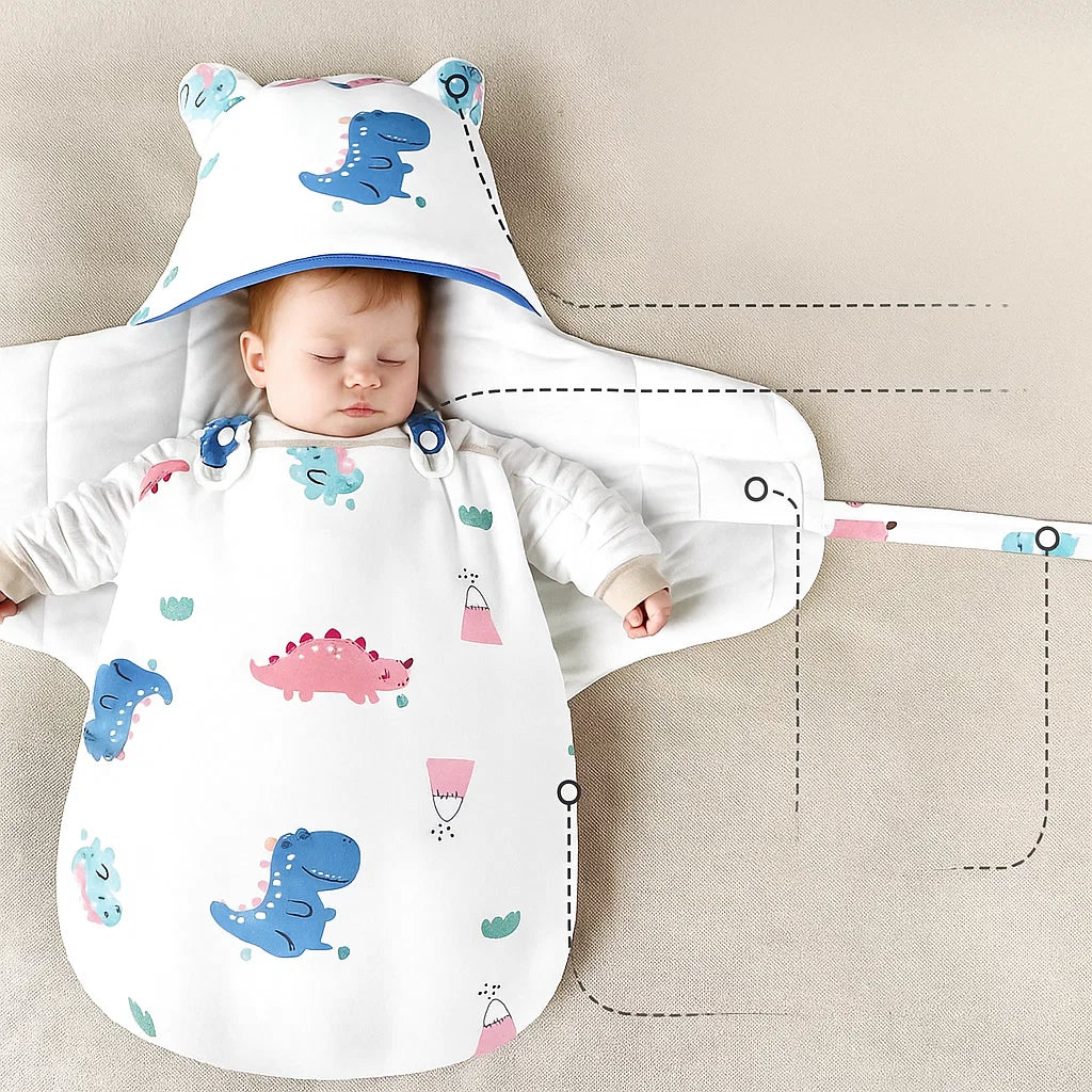 CuddleNest katoenen babywikkeldeken – zachte, ademende stof, ideale pasvorm voor veilig inbakeren en comfortabel slapen.