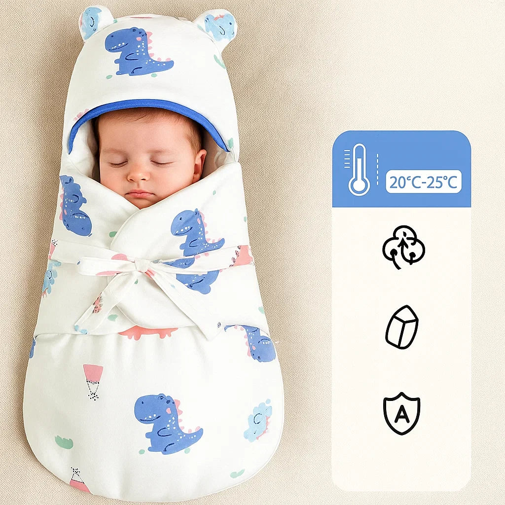 CuddleNest katoenen babywikkeldeken – zachte, ademende stof, ideale pasvorm voor veilig inbakeren en comfortabel slapen.