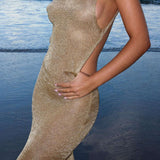 Maxi Jurk met Glitterstructuur en Hoge Hals