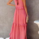 Dames Maxi Jurk met Gelaagde Rok en Ronde Hals