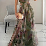 Dames Maxi Jurk met Abstracte Print en Spaghettibandjes