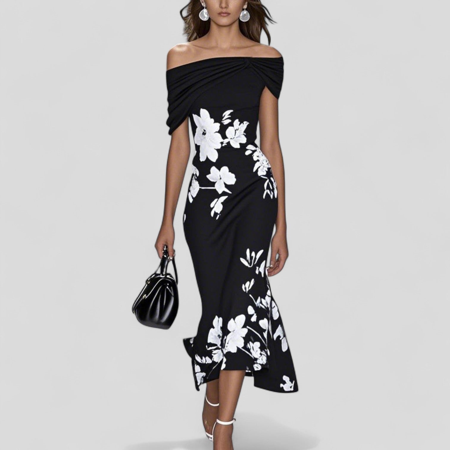 Off-Shoulder Midi Jurk met Bloemenprint