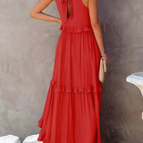 Dames Maxi Jurk met Gelaagde Rok en Ronde Hals