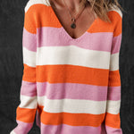 Losse sweater met V-hals in kleurblokken, model Zara – comfortabele pasvorm en stijlvolle uitstraling voor dagelijks gebruik.