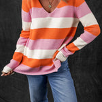 Losse sweater met V-hals in kleurblokken, model Zara – comfortabele pasvorm en stijlvolle uitstraling voor dagelijks gebruik.