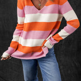 Losse sweater met V-hals in kleurblokken, model Zara – comfortabele pasvorm en stijlvolle uitstraling voor dagelijks gebruik.