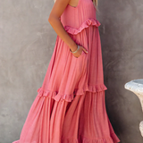 Dames Maxi Jurk met Gelaagde Rok en Ronde Hals