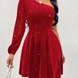 Elegante One Shoulder Mini Jurk met Glitter en Flowy Rok