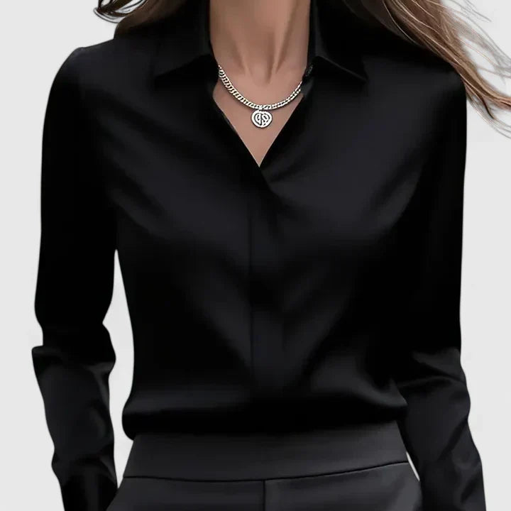 Dames blouse met gedrapeerde hals en lange mouwen