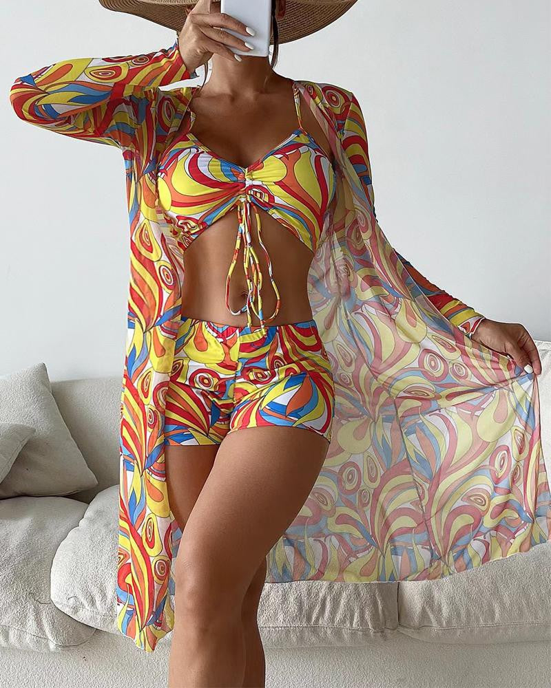Driedelige luxe bikini-set voor dames – Trendy bikini met bijpassende cover-up, elegante snit en comfortabele pasvorm, perfect voor een stijlvolle stranddag of zwembadfeest.