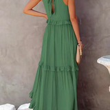 Dames Maxi Jurk met Gelaagde Rok en Ronde Hals