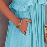 Dames Maxi Jurk met Gelaagde Rok en Ronde Hals