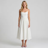 Romantische Strapless Midi Jurk met Zwierige Rok
