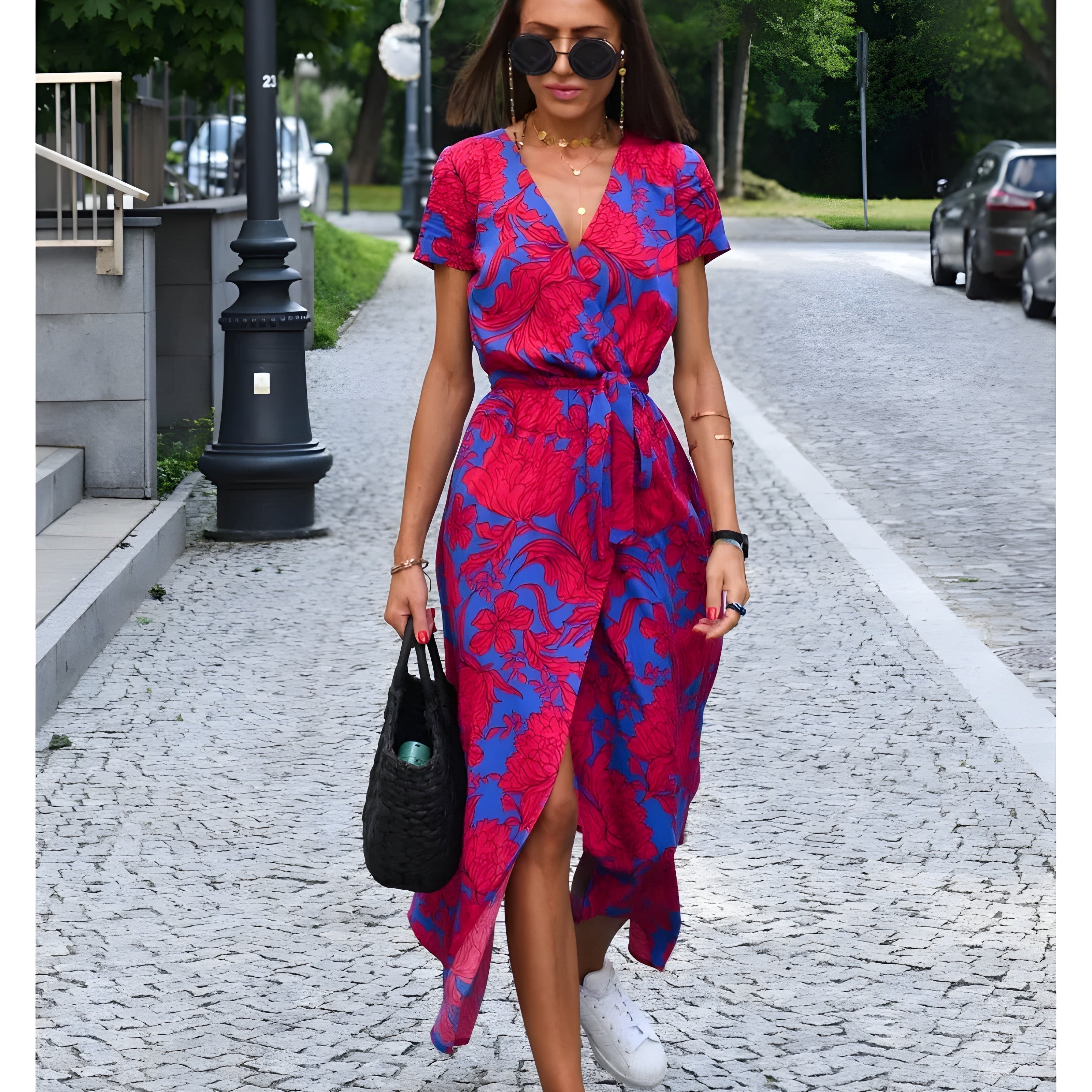 Dames Midi Jurk met Bloemenprint en V-Hals