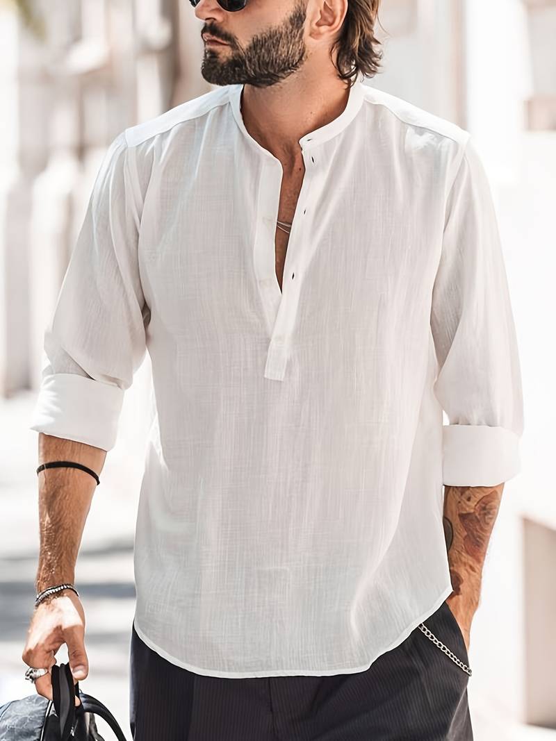 Casual linnen overhemd (Wit) voor heren met lange mouwen, ademend en lichtgewicht, perfect voor een relaxte en stijlvolle look.