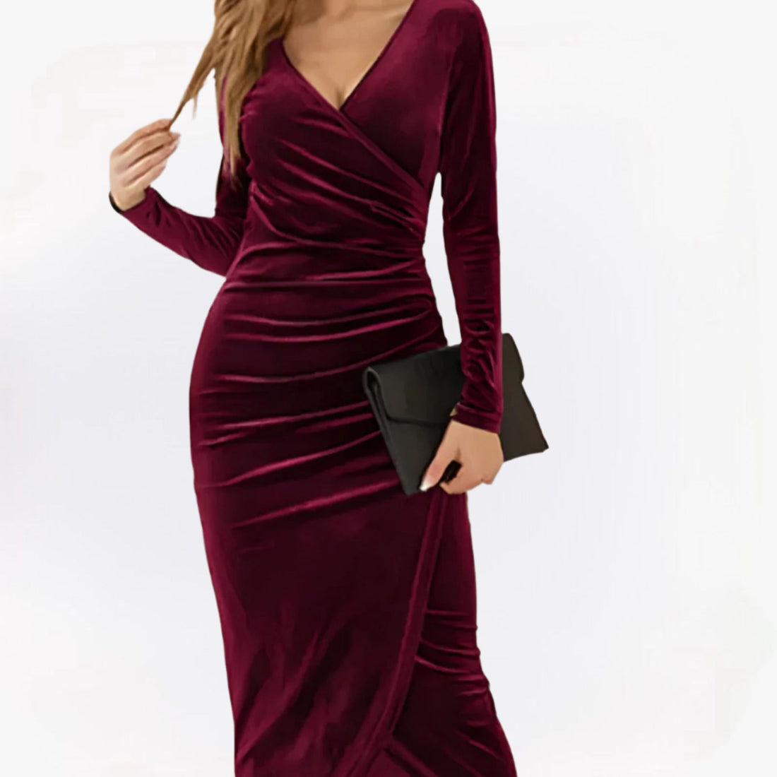 Chaveli - Fluwelen bodycon wikkeljurk met lange mouwen en V-hals, voor een elegante en vrouwelijke uitstraling.