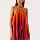 Halter Mini Jurk met Gelaagde Chiffon Overlay