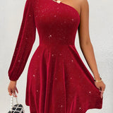 Elegante One Shoulder Mini Jurk met Glitter en Flowy Rok