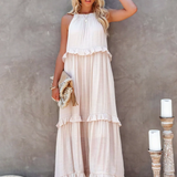 Dames Maxi Jurk met Gelaagde Rok en Ronde Hals