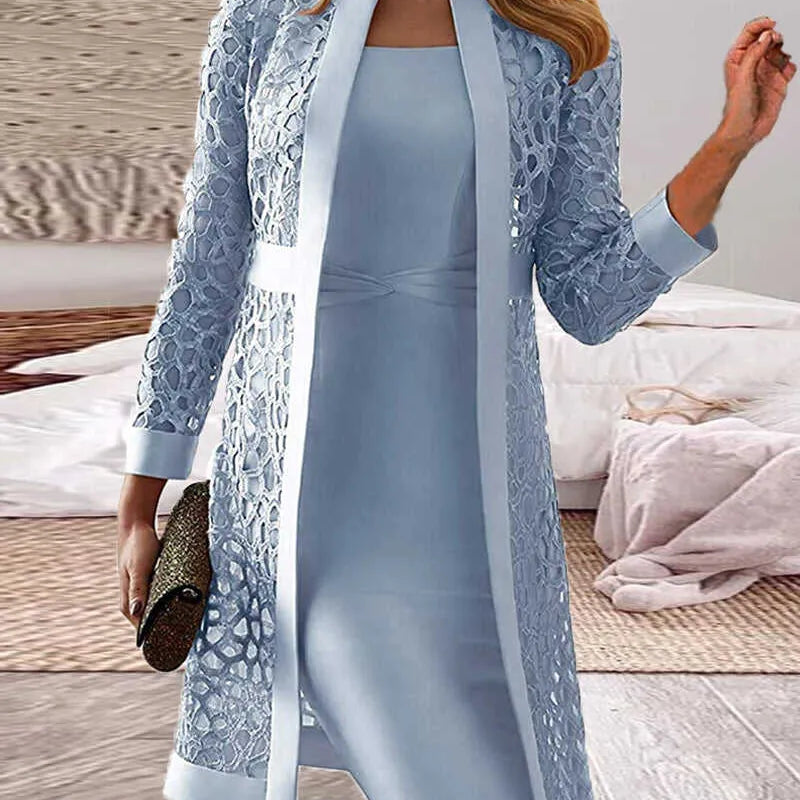 Elegante Jurk met Kant Vest en Twee Delige Look