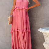 Dames Maxi Jurk met Gelaagde Rok en Ronde Hals