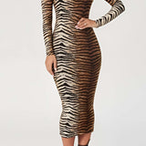 Midi Jurk met Luipaardprint en Lange Mouwen