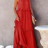 Dames Maxi Jurk met Gelaagde Rok en Ronde Hals