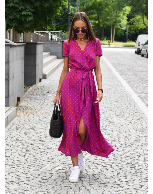 Roze zomerse jurk met V-hals en print voor dames – Luchtige en comfortabele pasvorm met een frisse, kleurrijke print voor warme zomerdagen.