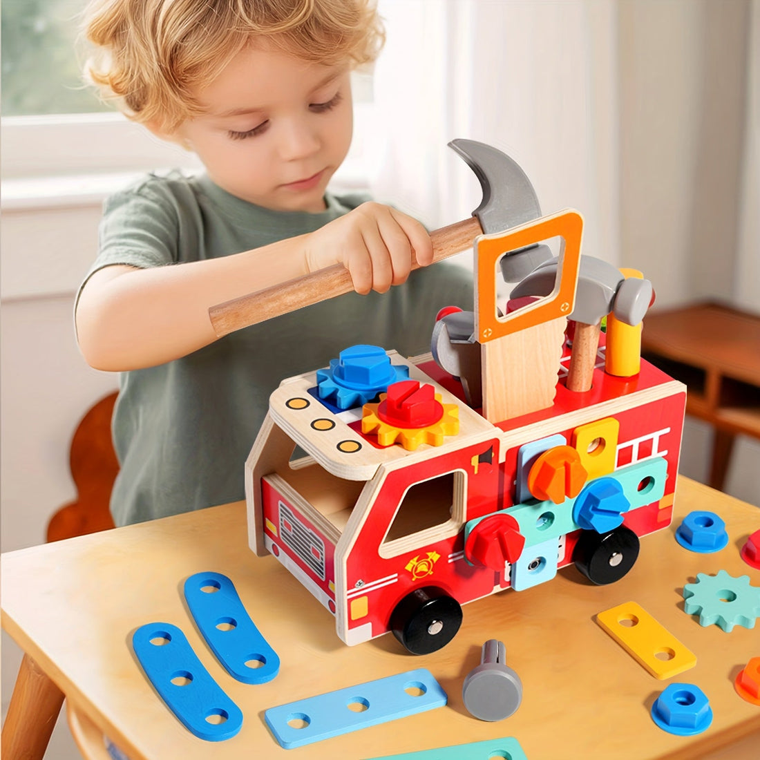 Montessori FireTruck houten brandweerauto speelgoed voor kinderen – duurzaam materiaal, beweegbare onderdelen en stimuleert fantasierijk en educatief spel.