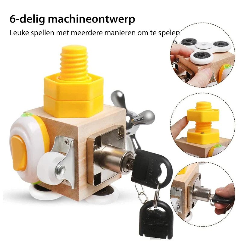 BusyCube educatief speelgoed voor onderweg – compacte en interactieve speelset die motoriek, concentratie en creativiteit van kinderen stimuleert tijdens reizen of onderweg.
