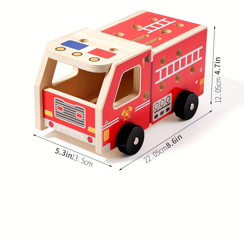 Montessori FireTruck houten brandweerauto speelgoed voor kinderen – duurzaam materiaal, beweegbare onderdelen en stimuleert fantasierijk en educatief spel.