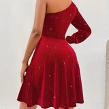 Elegante One Shoulder Mini Jurk met Glitter en Flowy Rok