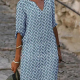 Casual Print Jurk met V-Hals en Losse Pasvorm
