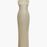 Maxi Jurk met Glitterstructuur en Hoge Hals