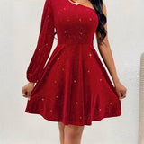 Elegante One Shoulder Mini Jurk met Glitter en Flowy Rok