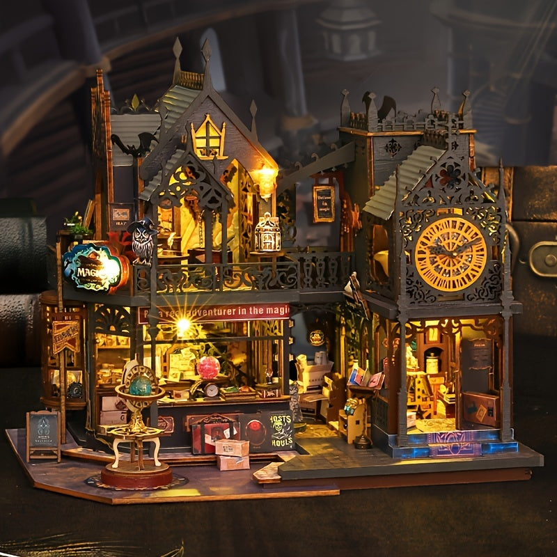 Betoverend Boekenhuis 3D houten puzzel met magische LED-verlichting – educatief en creatief speelgoed dat motoriek en fantasie stimuleert bij kinderen.